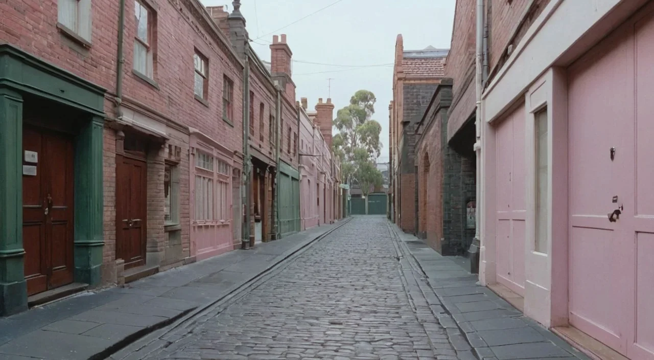 A Melbourne laneway of brick shopfronts at dawn